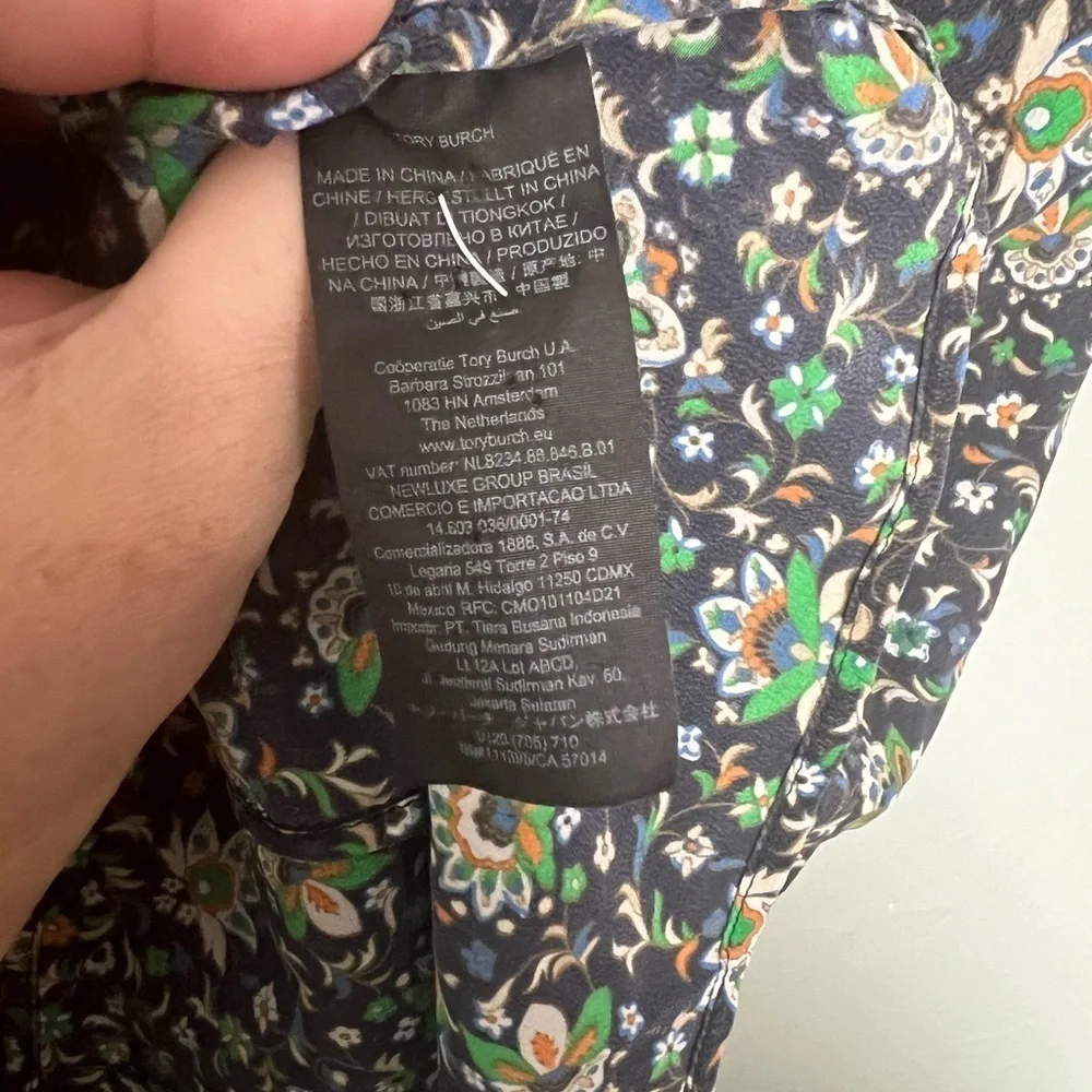 Tory Burch blue floral print silk blouse whimsical fairy dainty short sleeve